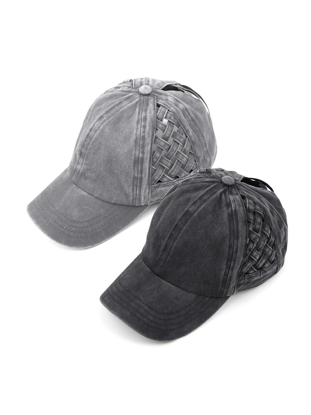 Criss Cross Ponytail Cap, Messy Bun | 2 Packs, Basketweave Black, Gray | Size OS